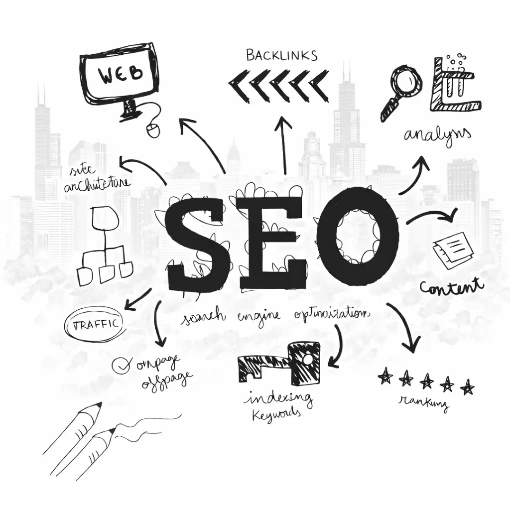 SEO process illustration with search optimization elements supporting Chicago businesses in improving search rankings and organic traffic