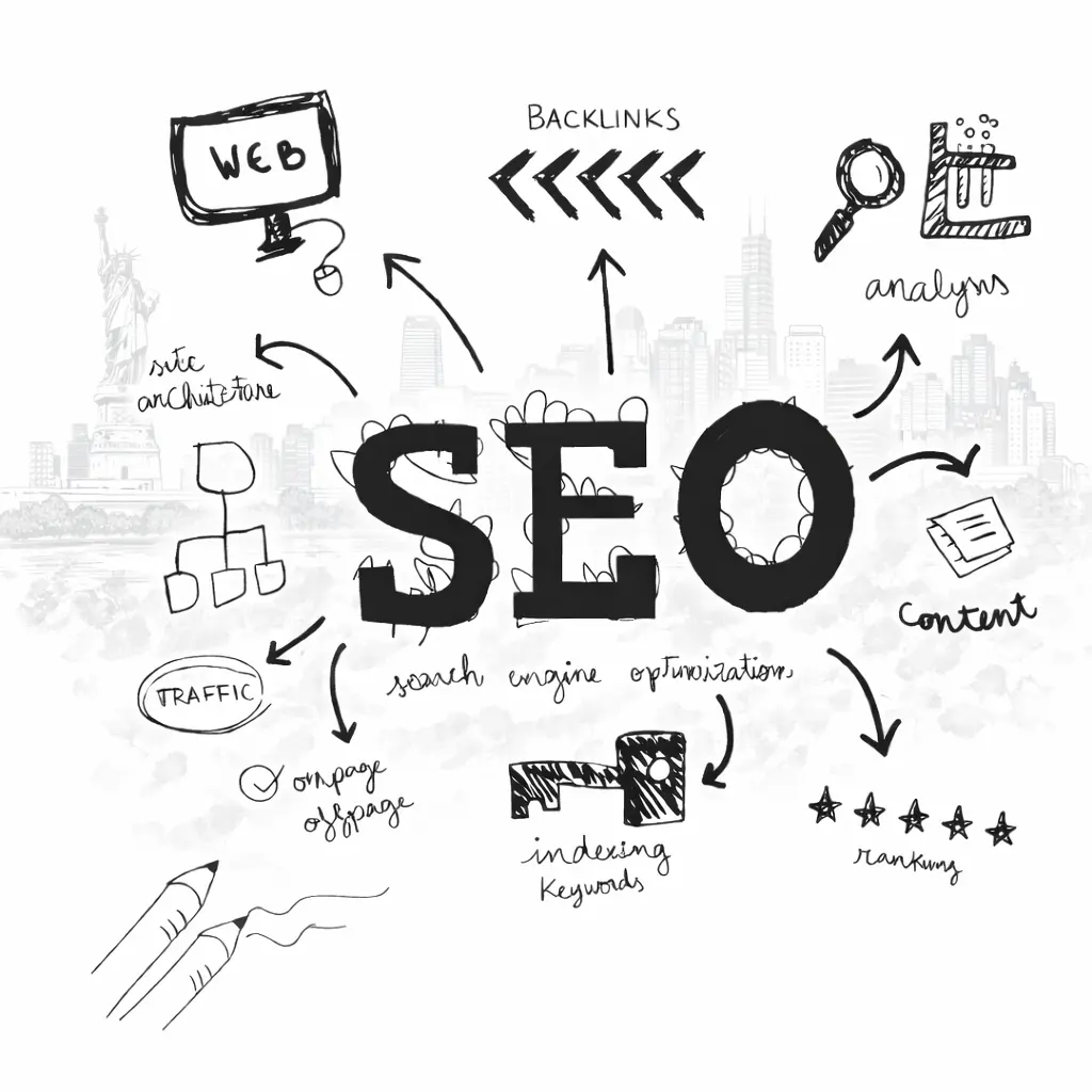 SEO optimization illustration showing search strategy elements helping businesses in New Jersey improve website visibility and rankings