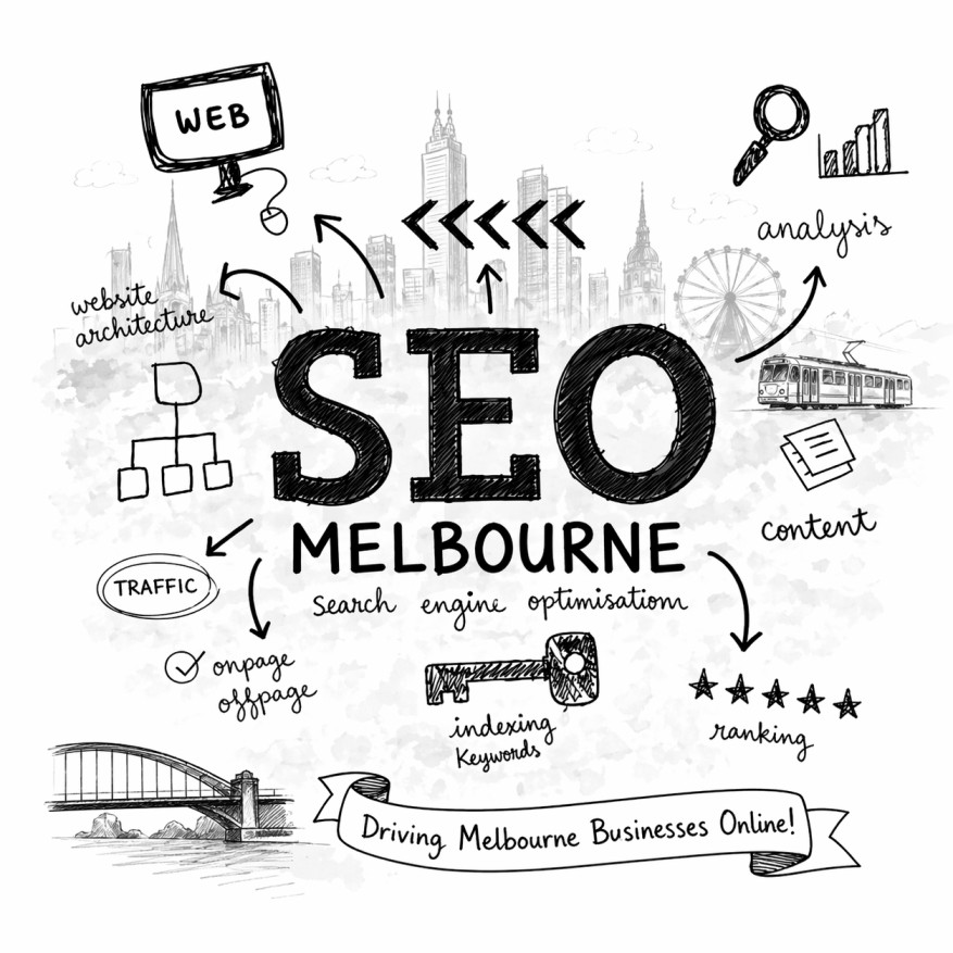 Melbourne SEO illustration showing search engine optimization elements like traffic, content, ranking, and website analysis