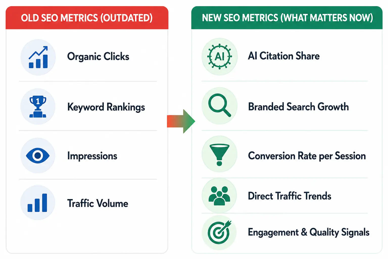 Infographic comparing old SEO metrics like organic clicks, keyword rankings, impressions, and traffic volume with new SEO metrics such as AI citation share, branded search growth, conversion rate per session, direct traffic trends, and engagement signals.