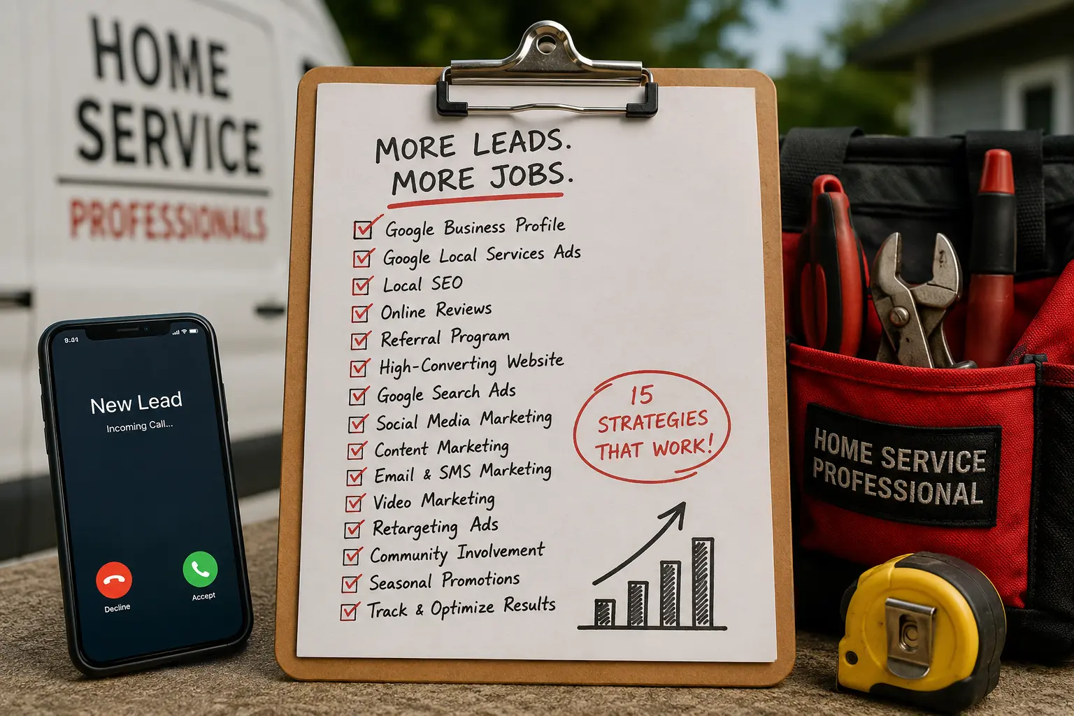 Home service contractor using proven lead generation strategies including local SEO, Google Business Profile optimization, online reviews, and digital marketing to generate more leads and booked jobs.