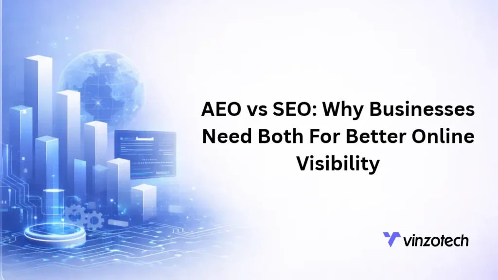 AEO vs SEO concept illustrating how businesses can improve online visibility through search optimization and digital technology.