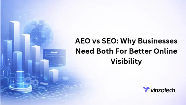 AEO vs SEO concept illustrating how businesses can improve online visibility through search optimization and digital technology.