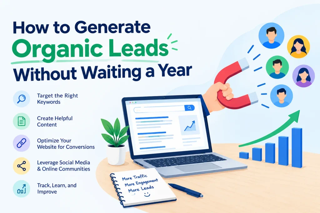 Illustration showing how SEO, helpful content, website optimization, social media, and tracking can generate organic leads and business growth.