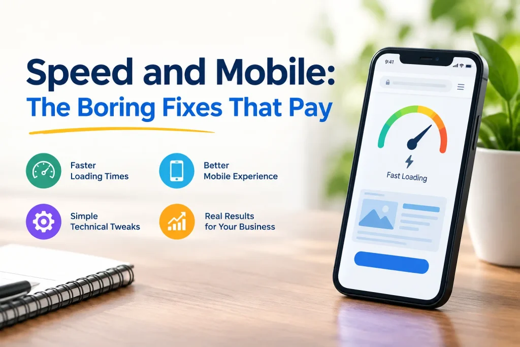 Website speed and mobile optimization tips showing faster loading times, better mobile experience, technical improvements, and business results.
