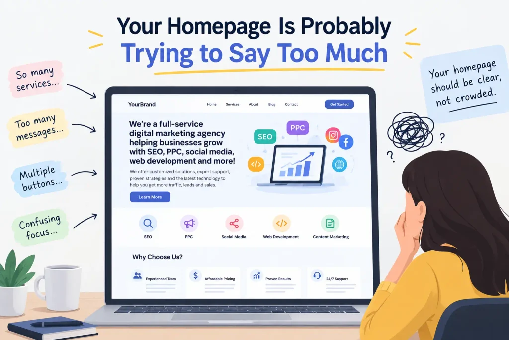 Illustration of a crowded business homepage with multiple services, messages, buttons, and navigation elements, showing why a clear homepage matters.